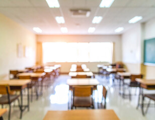 Empty classroom with desks chairs and windows tables