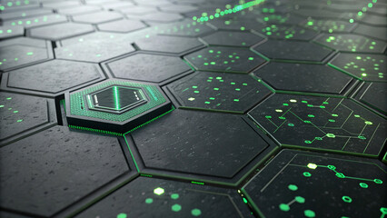 Futuristic Hexagonal Tech Grid with Neon Circuits