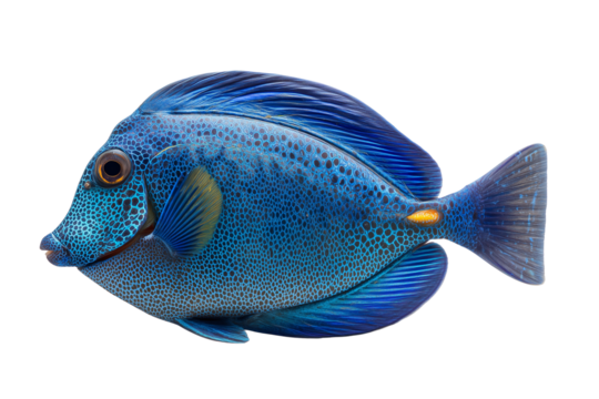 Vivid blue surgeonfish with intricate patterned scales and fins isolated on a transparent background