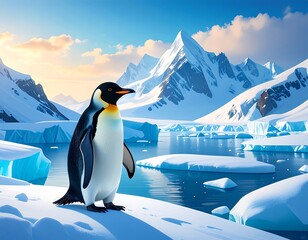 Majestic penguin on a snowy landscape at sunrise