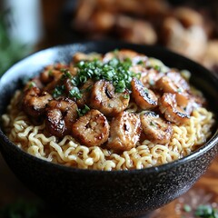 Ramen Noodle Bowl Topped with Grilled Meat and Green Onions