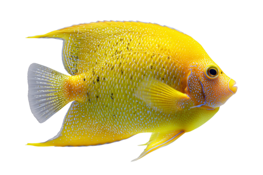 Vibrant yellow cichlid fish with white speckles and black dots isolated on a transparent background aquatic