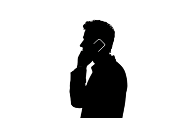 Confident businessman in silhouette confidently conversing on mobile phone, conveying professional communication and modern connectivity in a sleek outline style.