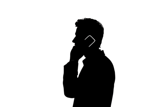 Confident businessman in silhouette confidently conversing on mobile phone, conveying professional communication and modern connectivity in a sleek outline style. - Powered by Adobe