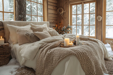 Bed with blankets surrounded by candles in cozy bedroom.