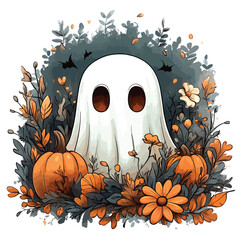  Halloween Ghost with Autumn Leaves.