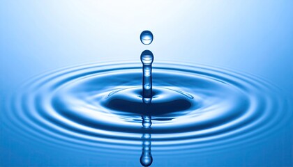 Macro Shot of a Water Droplet with Circular Ripples and Reflection on a Light Blue Surface Minimalist Water Drop Falling and Rippling in Pool Fresh