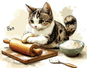 Playful Kitty Making Dough Illustration