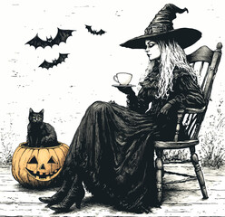 Witch with Pumpkin and Hot Drink.
