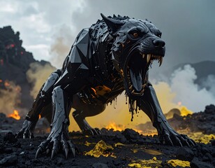 Fototapeta premium Cyberpunk Wolf on fiery planet: A striking cyberpunk-style wolf creature roars with a futuristic edge, positioned in an apocalyptic, fiery landscape. Witness a blend of technology and wilderness.
