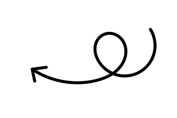 Black curly arrow hand drawn shape pointing left for direction, pointer, guide, navigation, and symbol on transparent background
