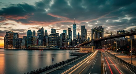 Fototapeta premium New York City Skyline During Dusk with Lights Reflected on Water