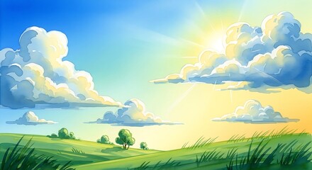 Fototapeta premium Beautiful Sunrise Over a Lush Green Meadow.