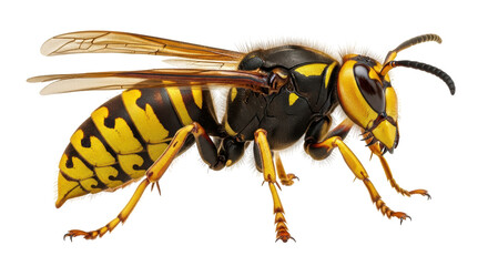 Isolated European hornet close-up, large wasp species with yellow and black striped pattern