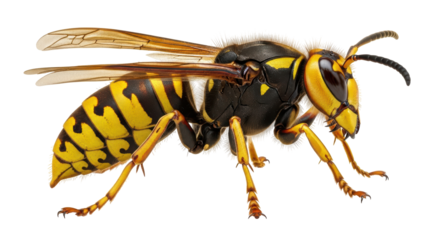 Isolated European hornet close-up, large wasp species with yellow and black striped pattern