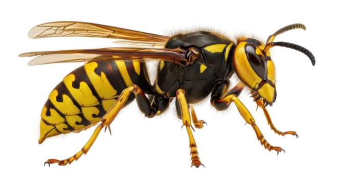 Isolated European hornet close-up, large wasp species with yellow and black striped pattern