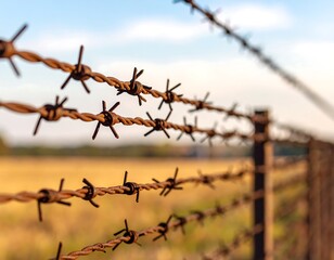 Rusty barbed wire fence in a field