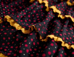 Closeup of ruffled black fabric with red dots and golden trim
