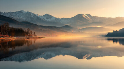 Fototapeta premium Calm lake mirror reflecting mountain peaks