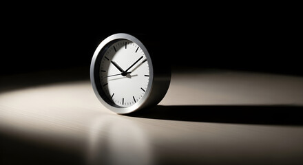 A Classic Round Clock Symbolizes A Critical Deadline As It Rests Motionlessly On A Table Under The Intense Glare Of A Single Spotlight