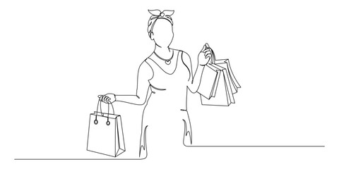 continuous line drawing of woman holding shopping bags, in minimal vector design illustration 6