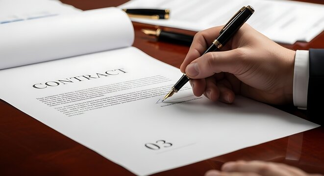 Businessperson Signing a Contract with a Pen on a Wooden Desk.