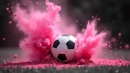 Naklejka premium Soccer ball erupts in pink powder—vivid burst ignites monochrome calm with celebratory motion and contrast. 