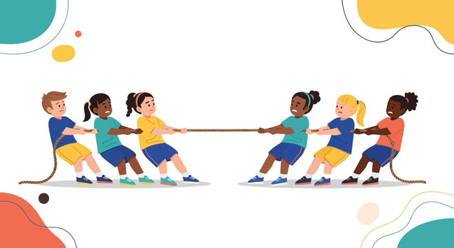 Children Engage In A Competitive Tug-Of-War, Demonstrating Effort And Teamwork