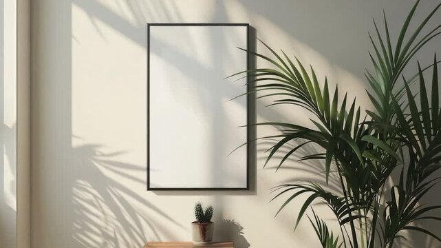 A picture frame hanging on a wall next to a potted plant, a simple home decor setup