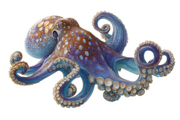 Detailed illustration of a blue and brown octopus with swirling tentacles isolated on a transparent background