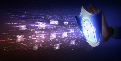 Cyber security concept with shield and padlock on blue background 3D rendering. Digital data protection in glassmorphism style.