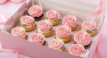 Beautifully Decorated Pink Rose Cupcakes in a Gift Box.