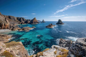 Fototapeta premium Majestic Coastal Landscape Featuring Rocky Outcrops and Clear Turquoise Waters Under a Bright Blue Sky with Gentle Waves and Scenic Views