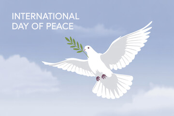 Fototapeta premium Celebrate International Day of Peace with this soaring white dove carrying an olive branch, symbolizing harmony, hope, and global unity in a world seeking peace
