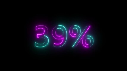 39% percent neon glowing sign Online shopping, discount and sale concept on black background 4k video text Animated. Glowing neon number 39 Percent Discount neon animation.