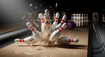 Bowling Ball Strikes Pins in Dramatic Action Shot.