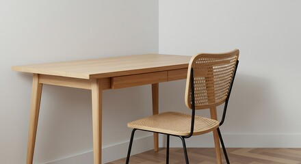 Minimalist Wooden Desk and Chair in Corner, Bright Natural Light, Empty Workspace.
