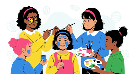 Children Engaging In Face Painting Activities and Crafting Unique Artistic Designs