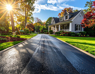 Naklejka premium Pristine asphalt driveway leading to suburban home with autumn foliage green grass sunny day
