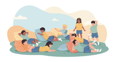 Children Enjoy Pillow Fight Outdoors, Playing Together in a Fun And Relaxed Atmosphere