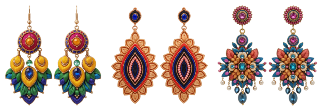 Bohemian Earrings Collection – Colorful Ethnic Jewelry Set with Feather and Mandala Designs for Fashion Catalogs, Accessory Marketing, and Online Boutiques