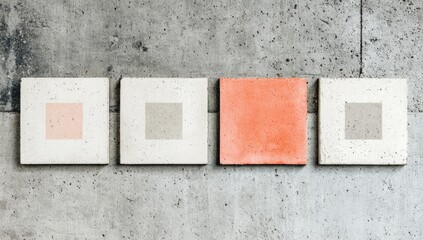 Four square tiles in varying shades of pastel colors against a textured gray concrete background