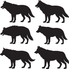 Set of wolf silhouettes on white background .