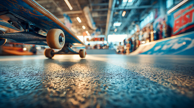 Skateboard standing still on ramp in skatepark with blurred background