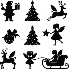 Christmas silhouette set featuring santa claus with reindeer and sleigh