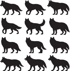 Set of wolf silhouettes on white background .