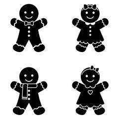Festive Gingerbread Man Family Adorable Black and White Silhouette Illustrations Perfect for Holiday Designs