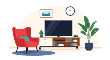 Fototapeta premium Cozy Living Room Scene with Red Armchair and Television.