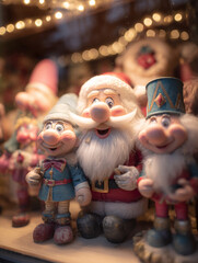 Fototapeta premium Cartoon Santa Claus with trolls and nutcracker figurines in a shop window. Colorful fairy-tale Christmas scene