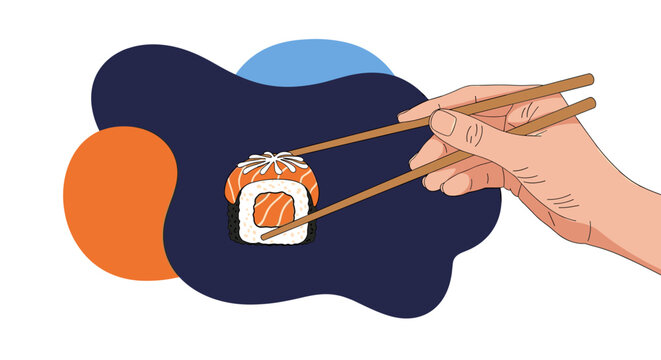 Hand holding sushi roll with chopsticks abstract background.